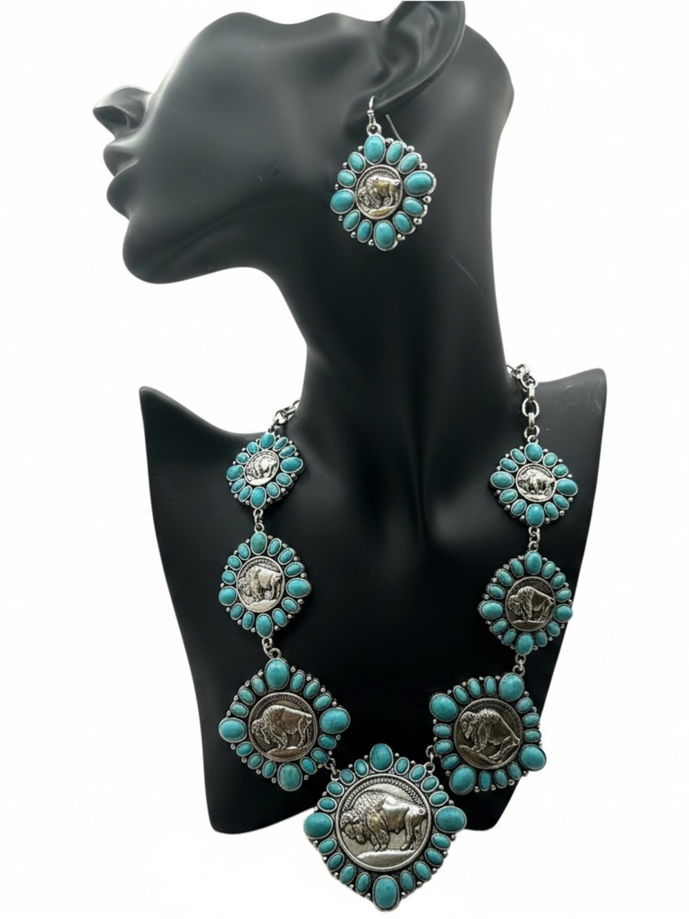 Turquoise Stone Coin Medallion Necklace Set - Women Jewelry
